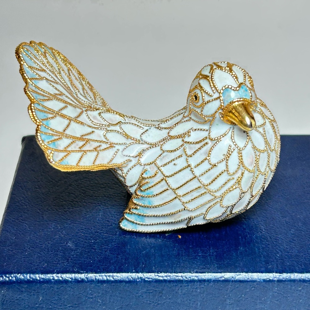 Vintage Cloisonné Bird Dove Figurine Gold Wire White & Blue Enamel